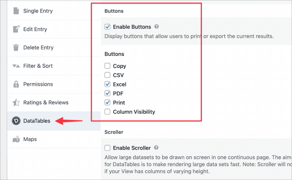 The 'DataTables' settings in the GravityView View Settings