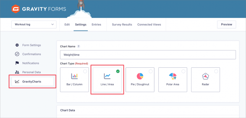 The GravityCharts feed configuration screen