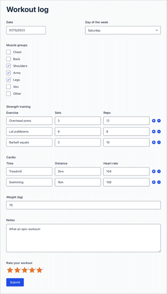 A Workout log form on the front end