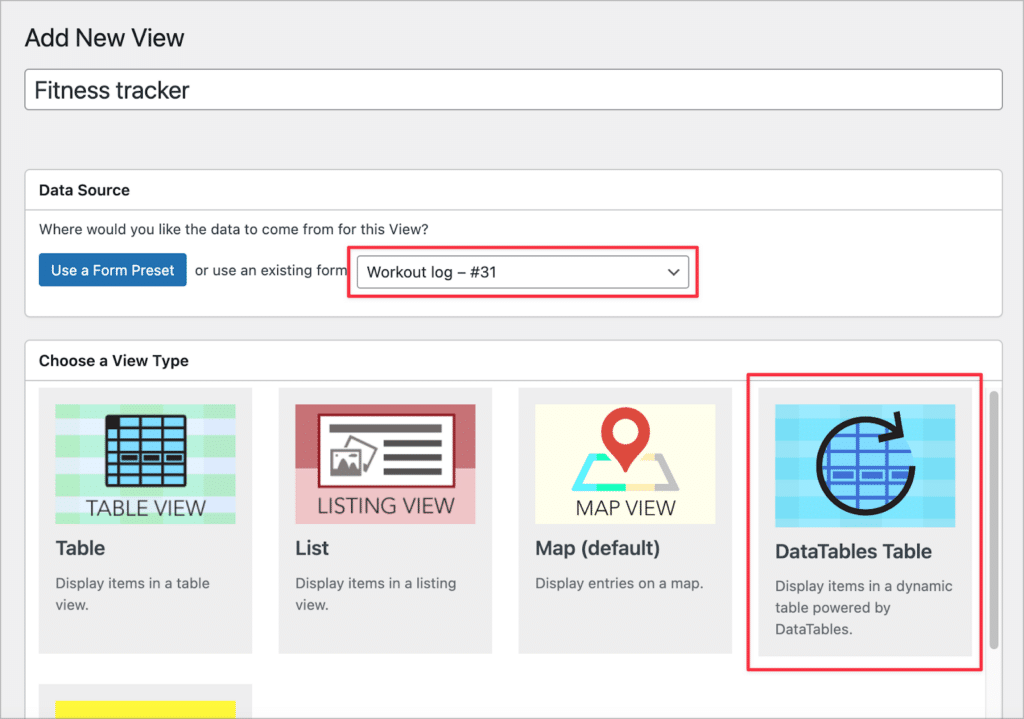 The View creation screen in GravityView showing a dropdown field to select a data source, and an area to choose a View type (layout)
