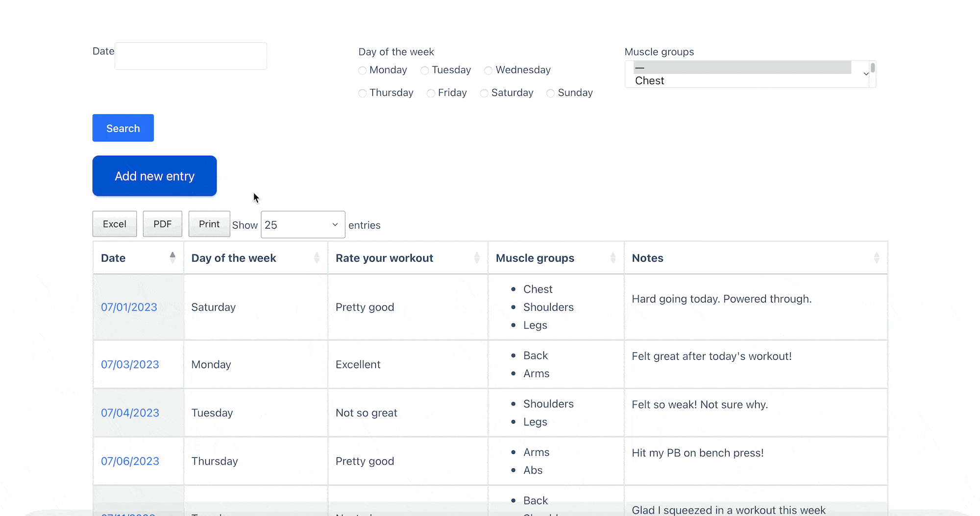 A GIF showing the process of adding a new entry to the fitness tracker
