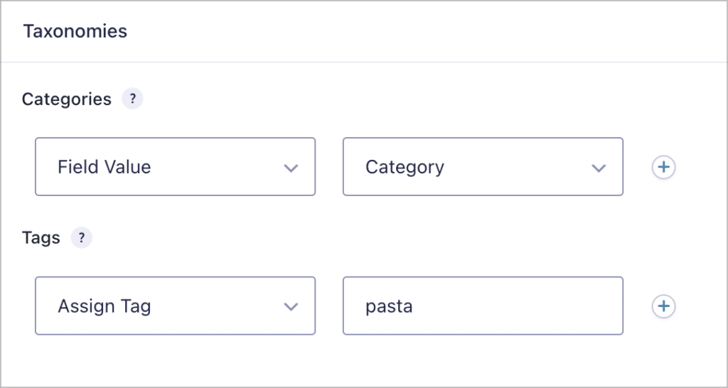 The Taxonomies section of the Post Creation feed in Gravity Forms