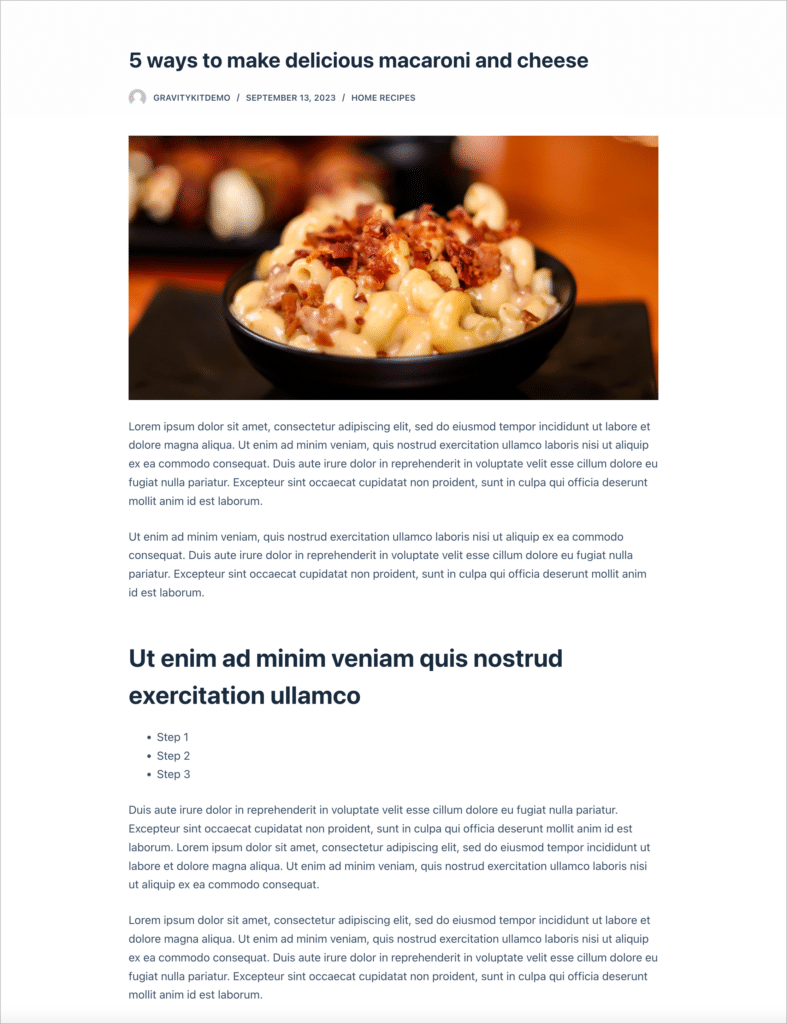 A post titled '5 ways to make delicious macaroni and cheese' created using Gravity Forms and the Advanced Post Creation Add-On