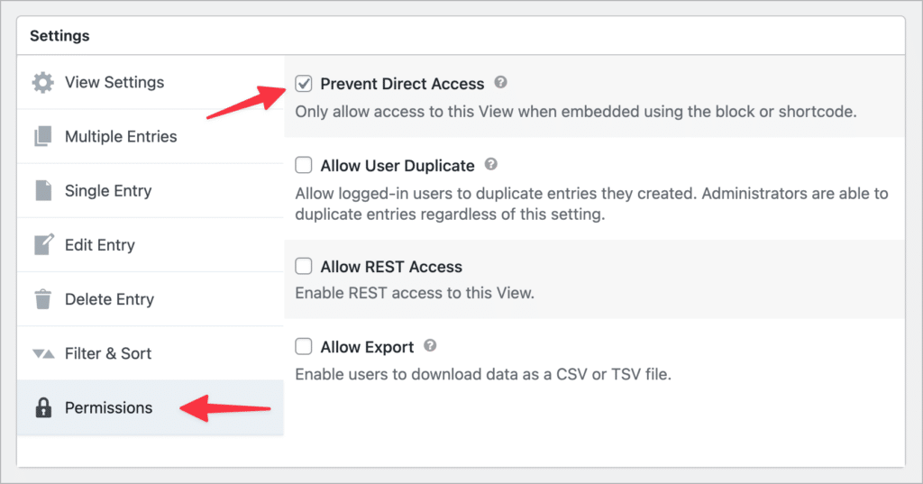The "Prevent Direct Access checkbox on the "Permissions" tab in the GravityView Settings box