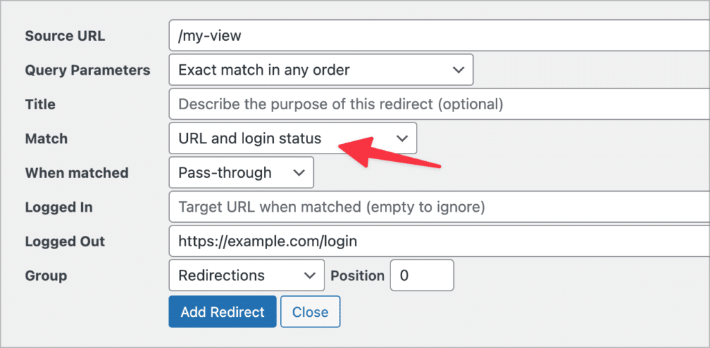 The "Add new redirection" options with an arrow pointing to a dropdown menu set to "URL and login status"