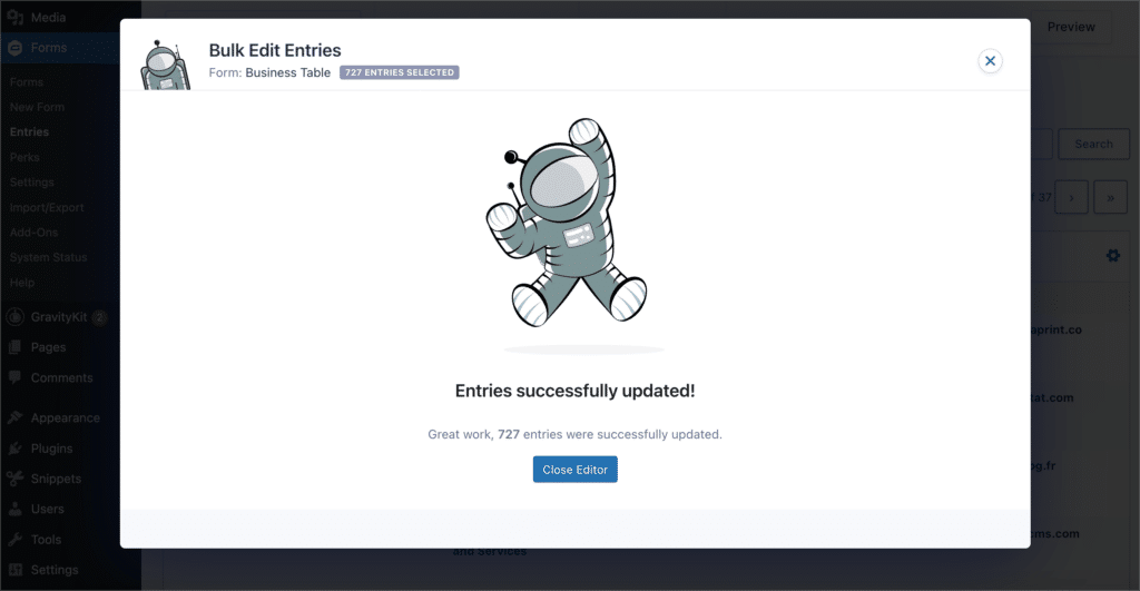 A success message from GravityActions that reads 'Entries successfully updated!'