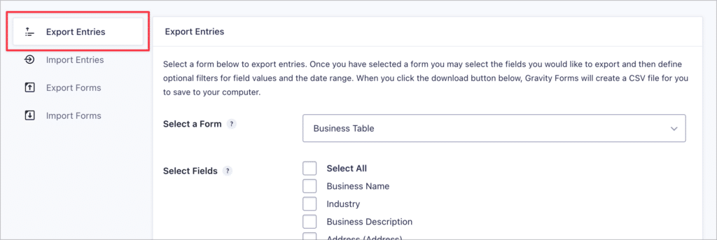 An arrow pointing to the 'Export Entries' tab on the Gravity Forms Import/Export page.