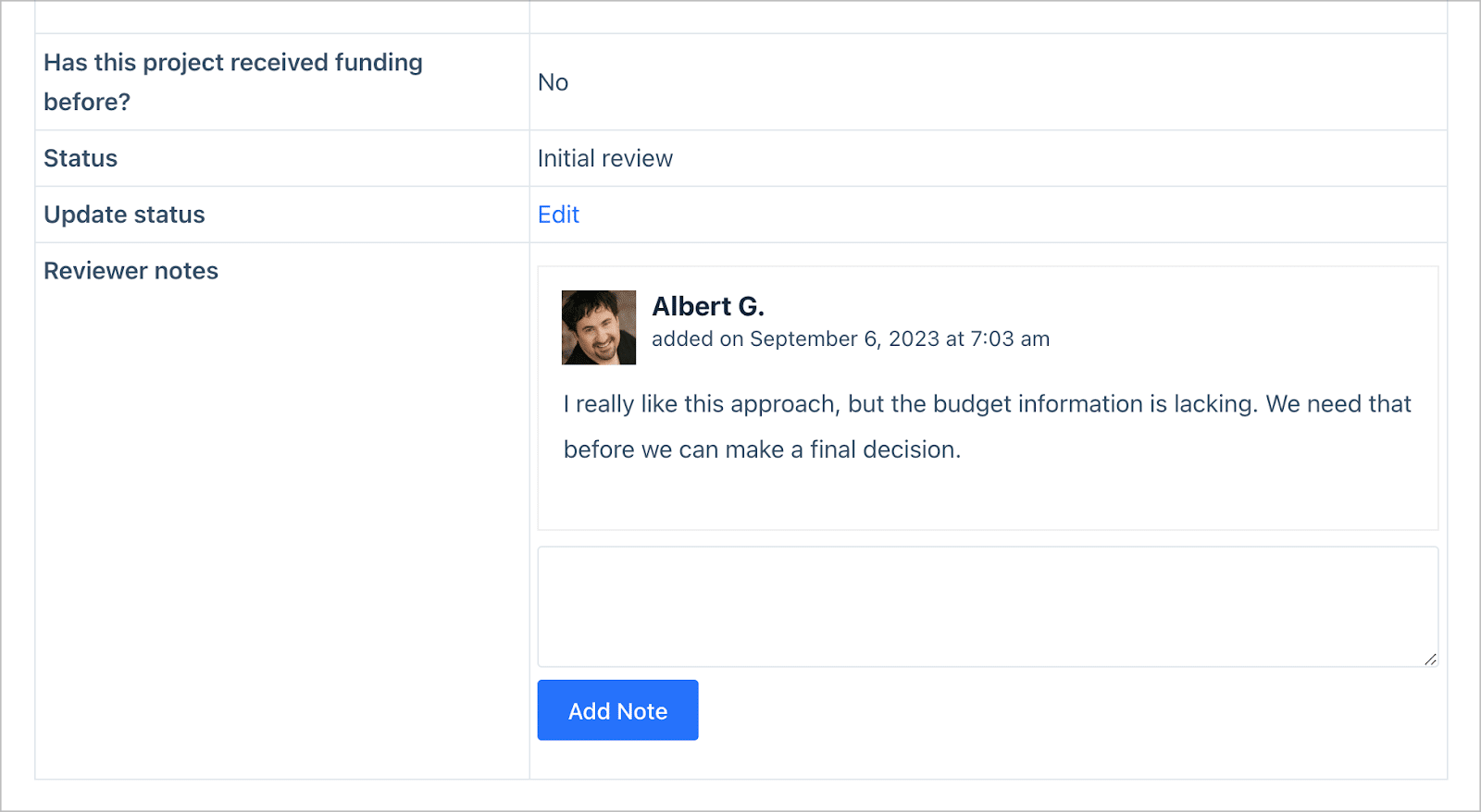 Notes and comments added to a grant application