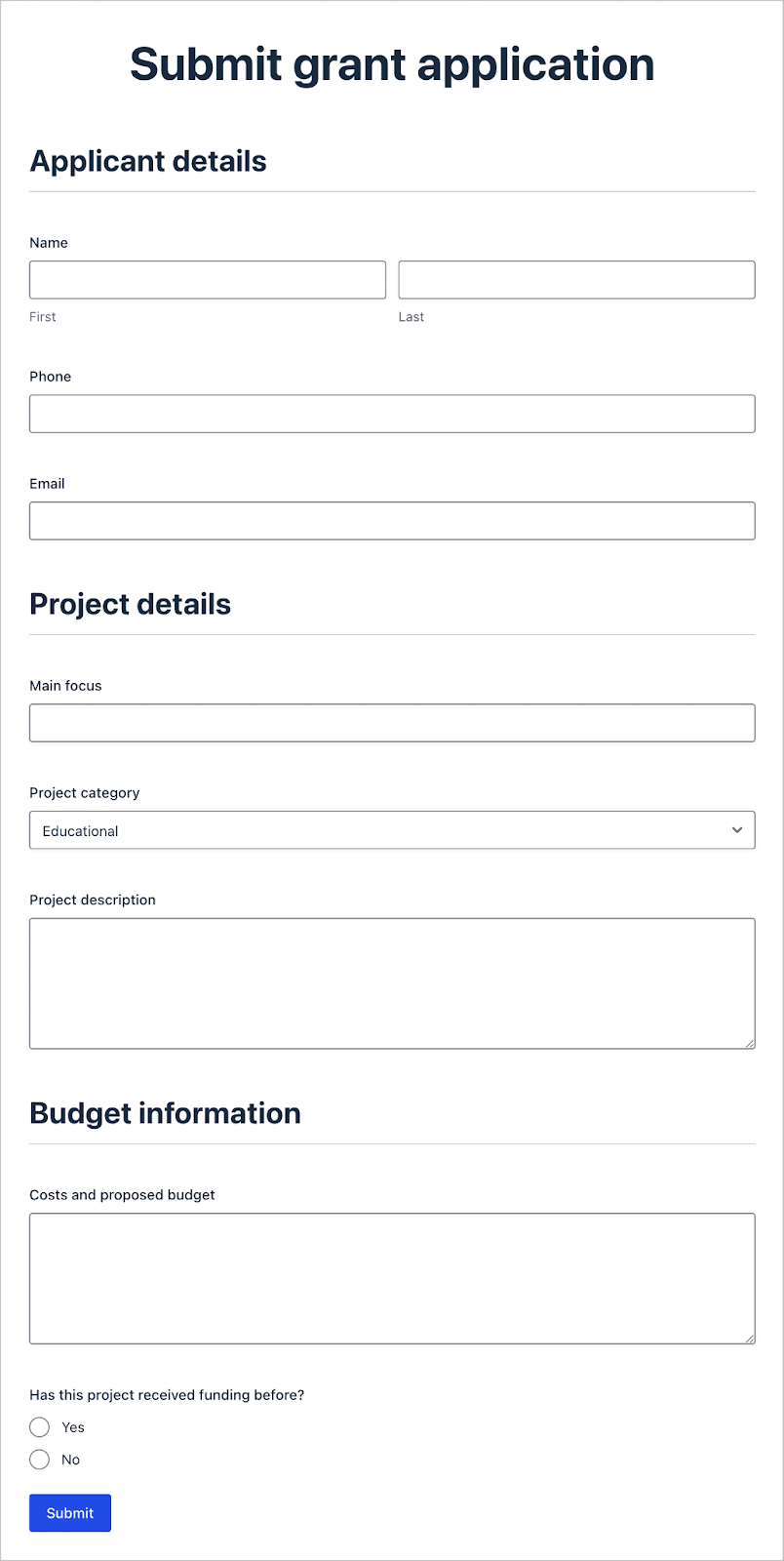 A grant application form built using GravityView