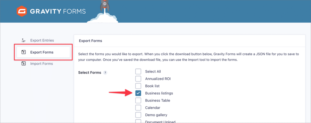The 'Export Forms' page in Gravity Forms