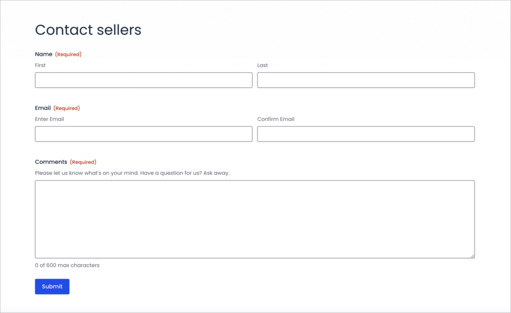 A Gravity Forms on the front end showing the following fields: Website, First Name, Last Name, Email Address and Comments/Questions