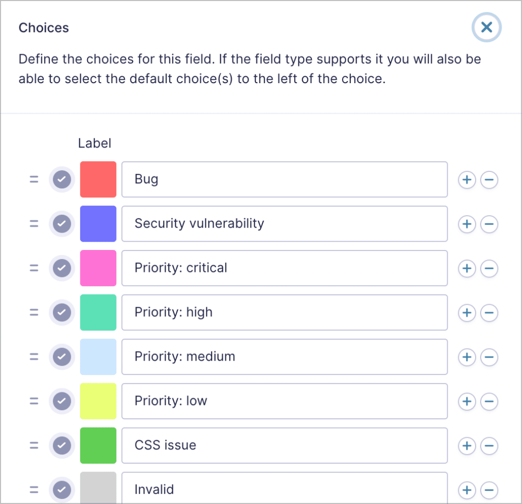 The Tag field choices