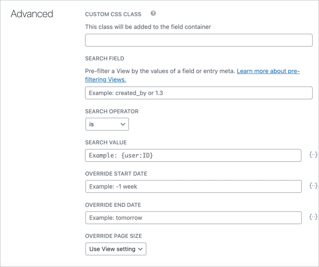 The advanced field settings for the GravityView View field