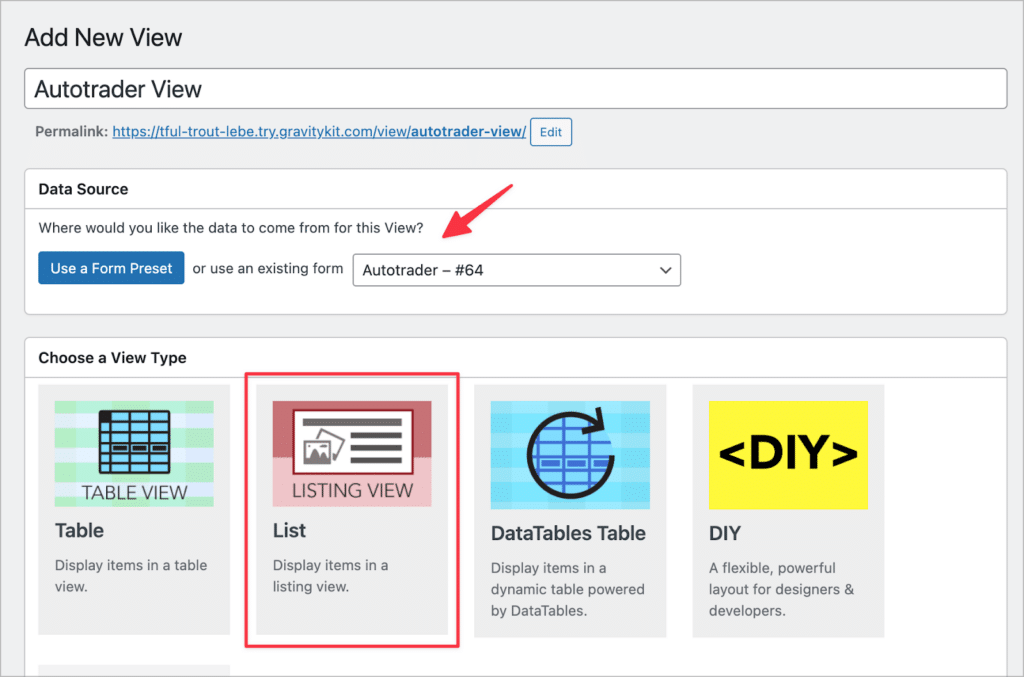 Creating a new View in GravityView
