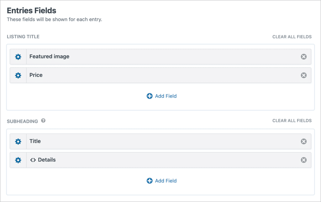 The 'Entries Fields' section of the GravityView View editor