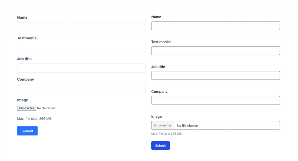 A side by side comparison of a 2 forms, one with default styles, and one with the new Orbital theme styles