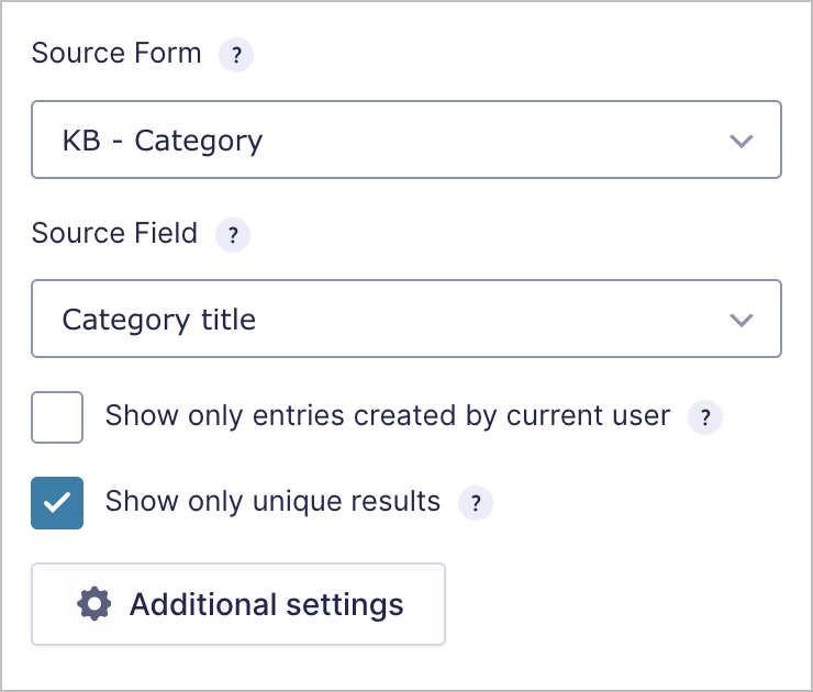 The Lookup field settings showing two dropdown fields; one labeled 'Source Form' and the other labeled 'Source Field'