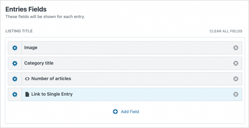 The 'Entries Fields' section of the GravityView editor