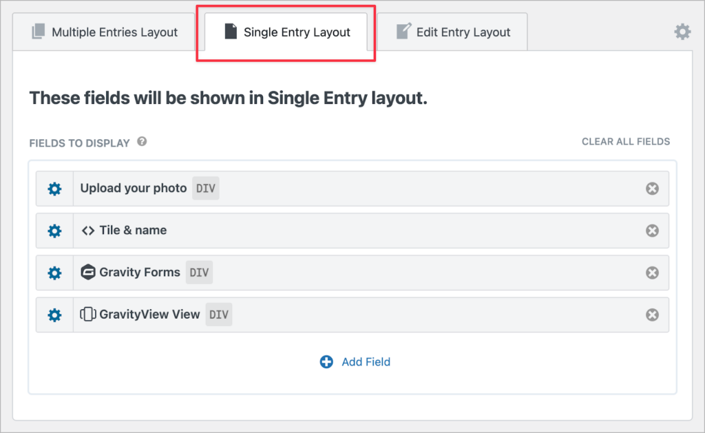 The Single Entry layout in the GravityView editor showing 4 fields: 'Upload your photo', 'Title and name', 'Gravity Forms', and 'GravityView View'