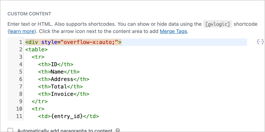 A Custom Content text editor containing HTML code