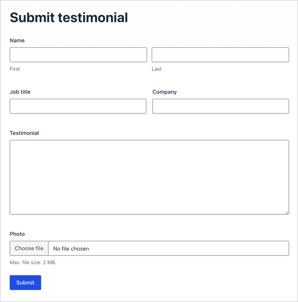 A Gravity Forms with 3 fields: Name, Testimonial and Image