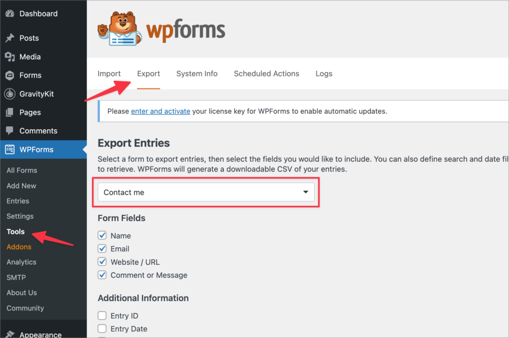 The WPForms 'Tools' page in WordPress with an arrow pointing to the 'Export' tab