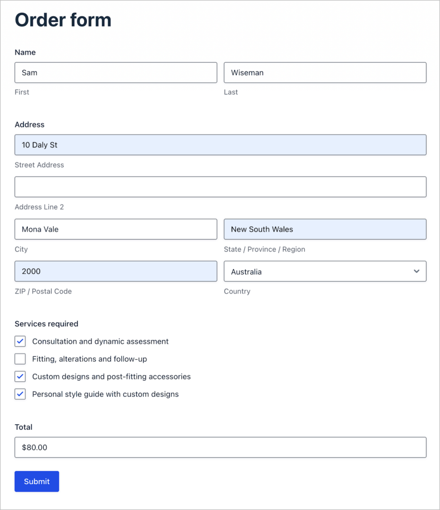 A product order form built using Gravity Forms