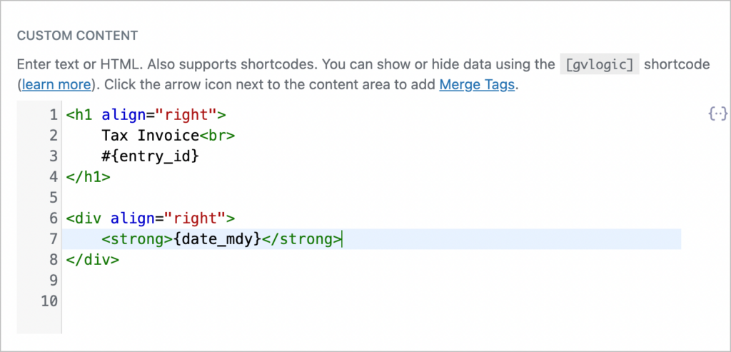 The GravityView Custom Content field showing HTML code