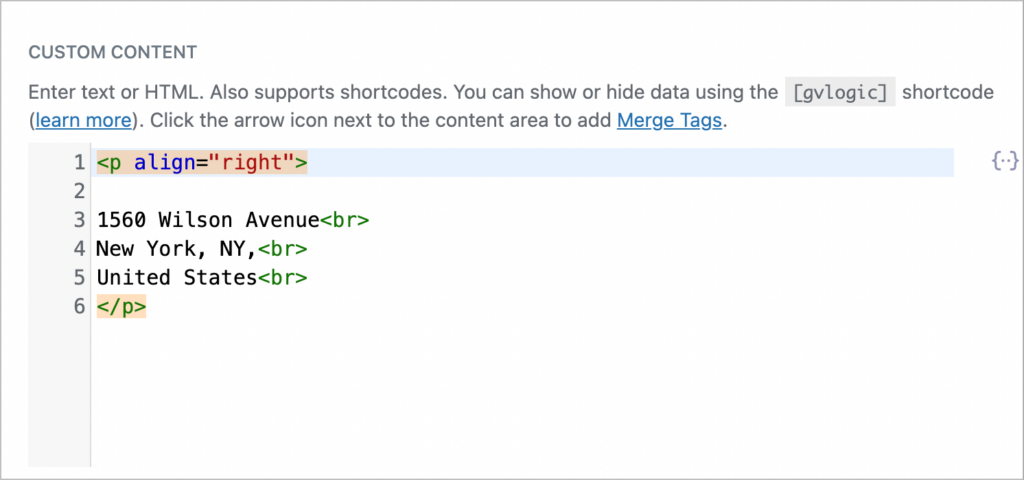 The GravityView Custom Content field showing HTML code
