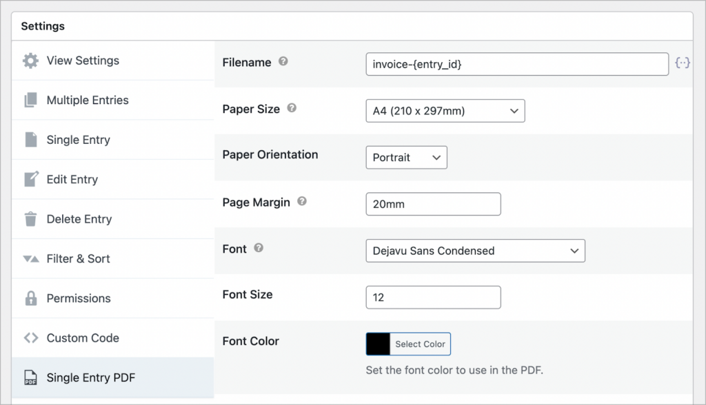 The 'Single Entry PDF' settings