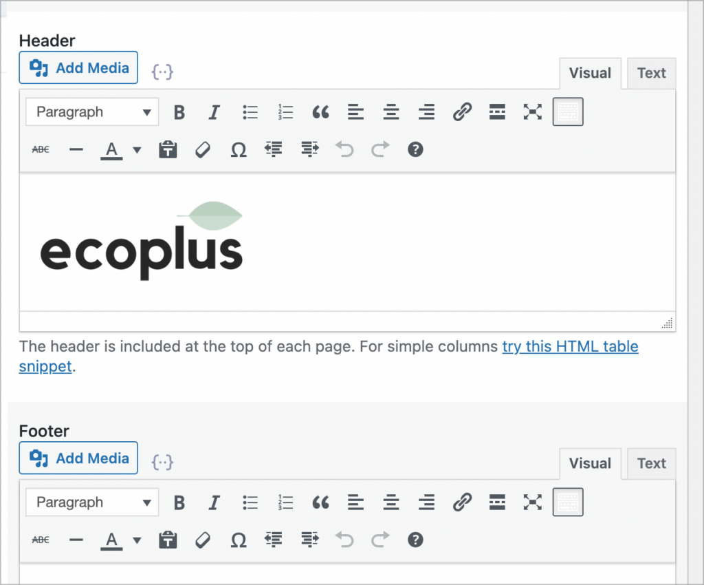 PDF settings for adding custom headers and footers