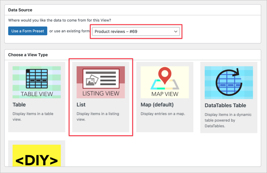 A drop down for selecting a data source, and a 'View Type' meta box for selecting a View layout.
