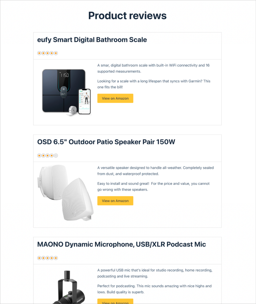 Product reviews, displayed one after the other