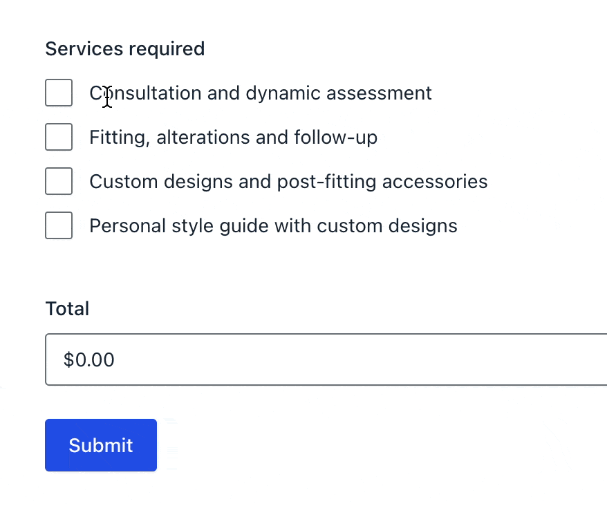 Selecting options from a checkbox while the number field below calculates a total