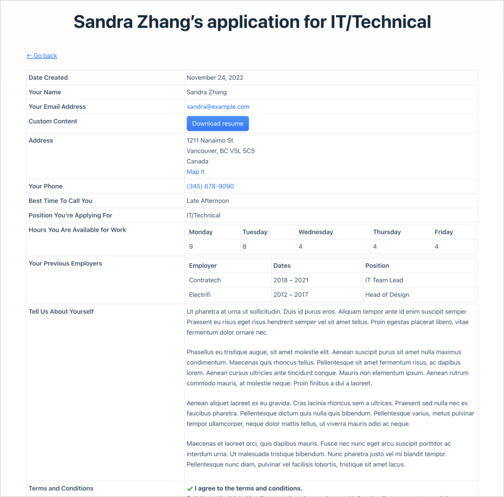 A job application displayed on the front end using GravityView