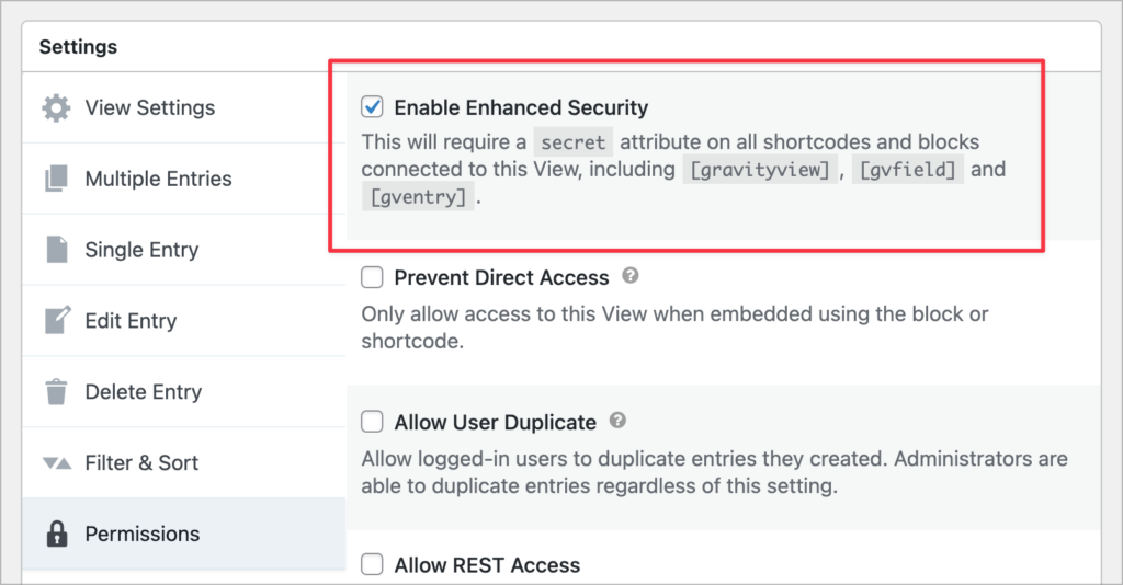 GraviyView View settings; The Permissions tab is selected and the "Enable Enhanced Security" setting is checked. A red box is shown to highlight the setting.