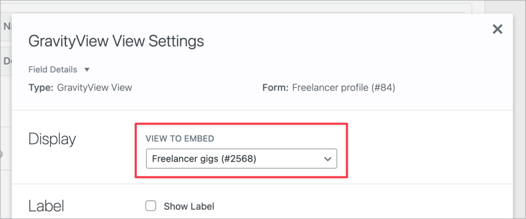 A dropdown field in the GravityView View settings labeled 'View to Embed'