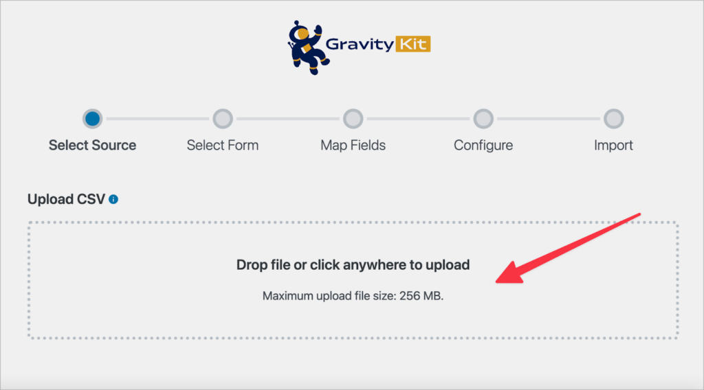 The Import Entries screen in Gravity Forms; there's an arrow pointing to an upload box.