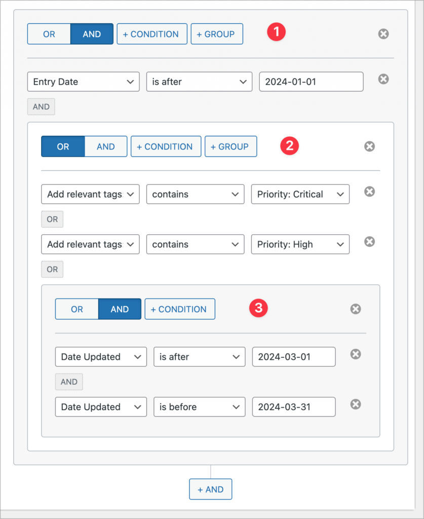 The Advanced Filter interface, showing 3 groups, all nested within one aother.