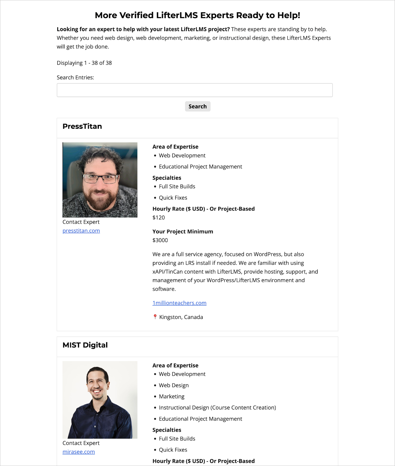 The LifterLMS experts directory, containing listing for expert WordPress and LifterLMS experts