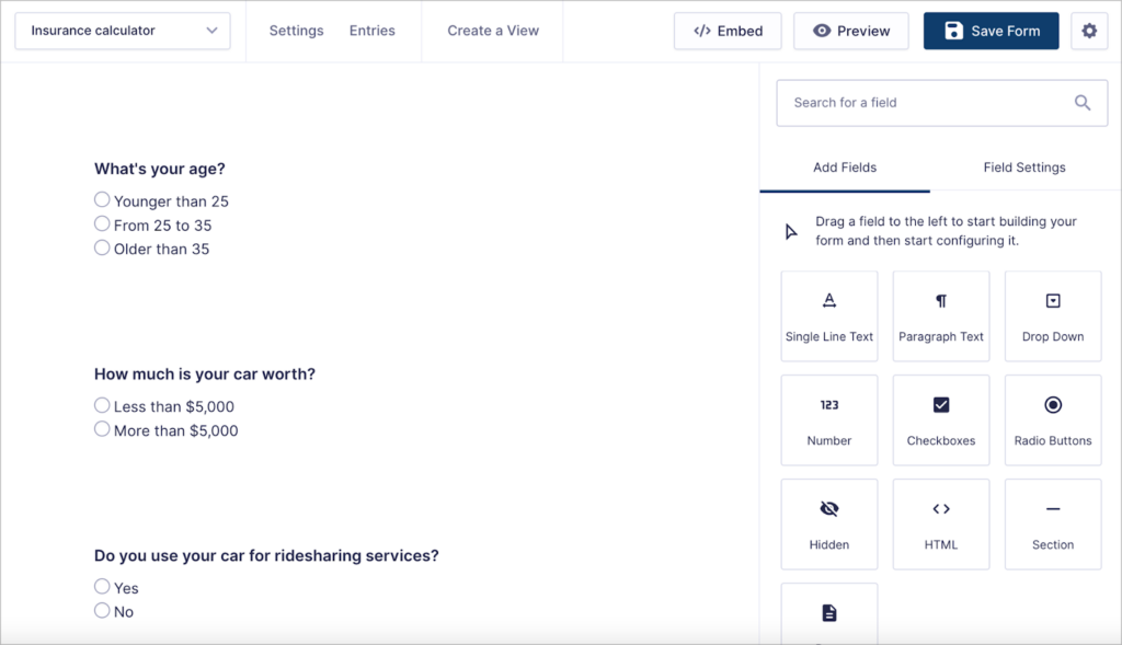 The Gravity Forms visual editor