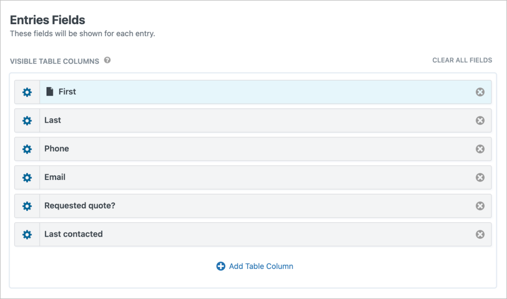 The Entries Fields section in the view editor; there are various fields added here including first name, last name, phone, email, and more.