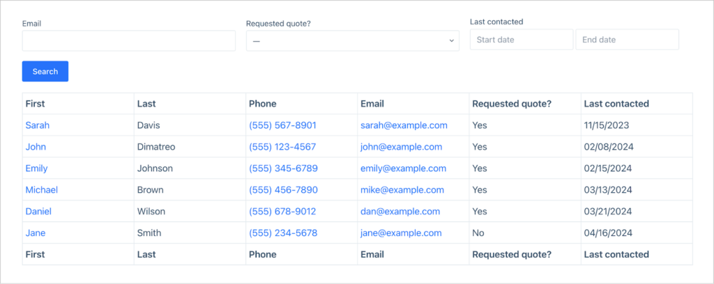 A table of Gravity Forms entries built using GravityView; there is a search bar at the top allowing users to search entries based on various fields