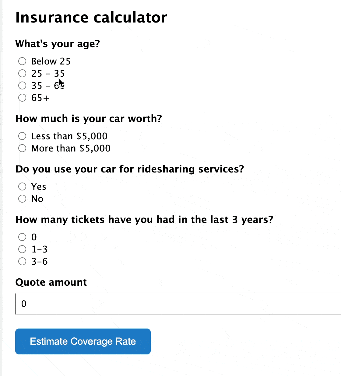 A Gravity Forms form preview; as different options are selected , the amount in the 'Quote amount' field changes
