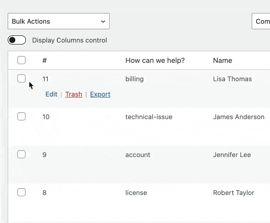 Selecting entries, clicking on 'Bulk Actions', and selecting 'Export'.