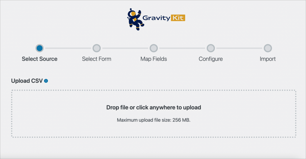 The GravityView Import Entries screen showing the five-step import process