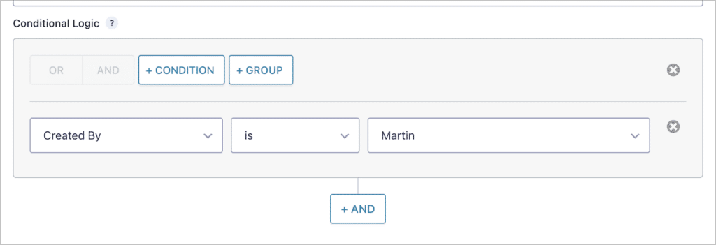 The conditional logic filters in GravityCharts; the condition reads 'Created By – is – Martin'