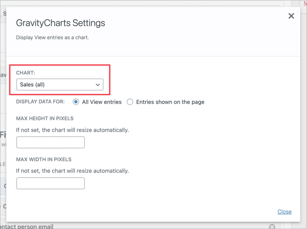 The GravityCharts widget settings; there is a dropdown field labeled 'Chart' enabling you to select a chart to display.