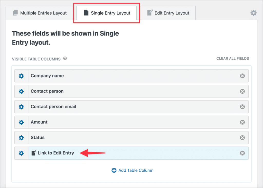 The Single Entry Layout in the GravityView editor; there is an arrow pointing to the 'Link to Edit Entry' field