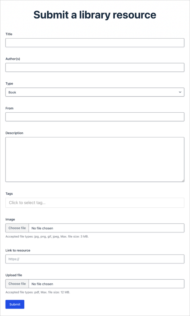 A form titled 'Submit a library resource' with the following fields: Title, Author, Type, From, Description